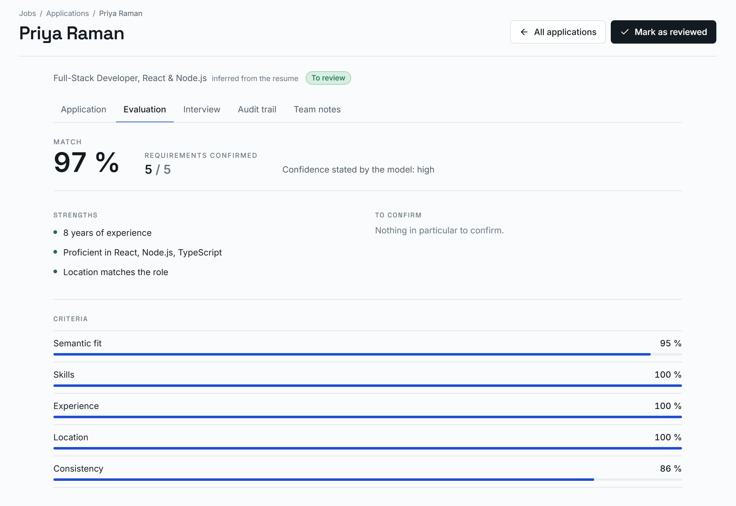 One candidate's evaluation in Nexus: match score, requirements confirmed, strengths, and the score on each criterion.